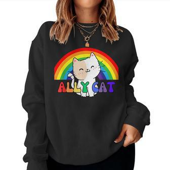 Lgbtq Ally Cat Gay Rainbow Pride Month Queer Cute Women Sweatshirt | Mazezy