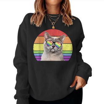 Lgbtq European Burmese Cat Retro Rainbow Love Pride Women Sweatshirt | Mazezy