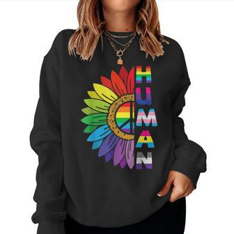 Lgbtq Human Pride Month Rainbow Peace Sign Flower Women Sweatshirt | Mazezy