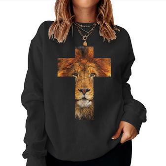 Lion Cross Christian Faith King Lord Bible Image Judah Women Sweatshirt | Mazezy