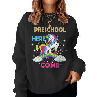 Look Out Preschool Here I Come Girl Unicorn Pre School Women Crewneck Graphic Sweatshirt - Thegiftio UK