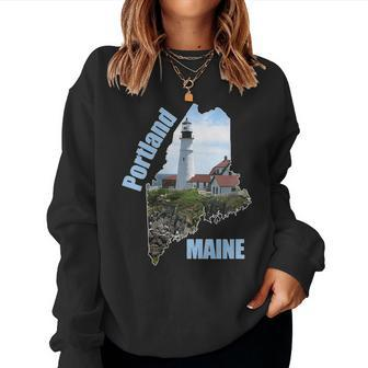 Maine Portland Lighthouse Summer Shoreline Souvenir Women Sweatshirt | Mazezy