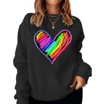 Neon Rainbow Heart Love Pride Lgbqt Rally Women Sweatshirt | Mazezy