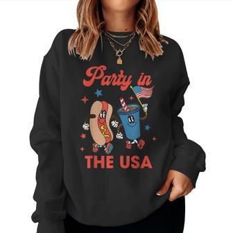Party In The Usa Hot Dog Coffee Patriotic Happy 4Th Of July Women Sweatshirt | Mazezy
