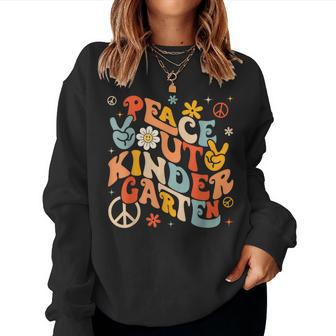 Peace Out Kindergarten Retro Teacher Kids Last Day Of School Women Crewneck Graphic Sweatshirt - Thegiftio UK