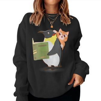 Penguin Reading Book Reader Cat Kitty Pet Animal Bookworm Women Sweatshirt | Mazezy