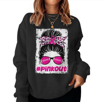 Pink Out Ou Breast Cancer Football Messy Bun Cheer Bleached Women Sweatshirt - Seseable