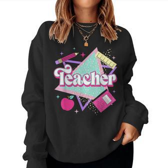 Pink Teacher 90S With Apple Ruler Pencil Book Back To School Women Sweatshirt | Mazezy