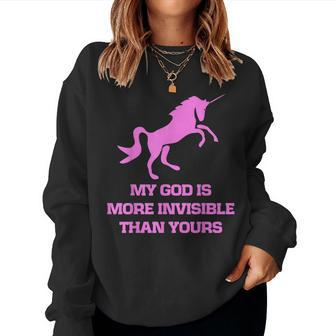 Pink Unicorn My God Is More Invisible Than Yours Women Crewneck Graphic Sweatshirt - Thegiftio UK