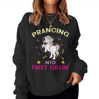 Prancing Into First Grade Unicorn Back To School Women Crewneck Graphic Sweatshirt - Thegiftio UK