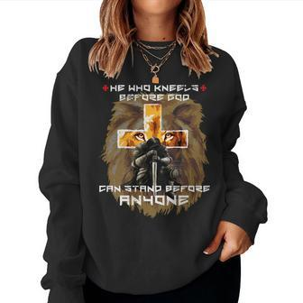 Prayer Warrior Lion Judah Christian Cross Graphic Back Print Women Sweatshirt | Mazezy