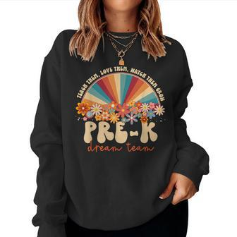 Prek Dream Team Retro Groovy Rainbow Back To School Teacher Women Crewneck Graphic Sweatshirt - Thegiftio UK