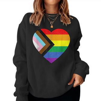 Progress Pride Flag Rainbow Heart Vintage Retro Love Lgbt Women Crewneck Graphic Sweatshirt - Seseable