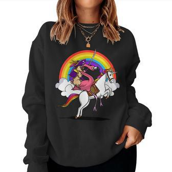Pug Dog Pirate Flamingo Bird Riding Unicorn Magical Rainbow Women Sweatshirt | Mazezy