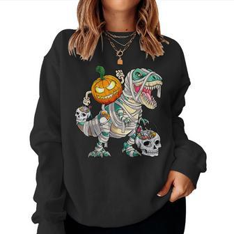 Pumpkin Riding Mummy Dinosaur T Rex Halloween Skeleton Women Sweatshirt | Mazezy