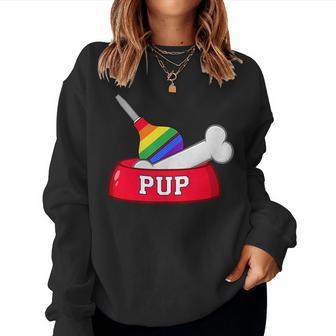 Pup Dog Bowl With Dog Bone And Rainbow Pride Bulb Women Sweatshirt | Mazezy
