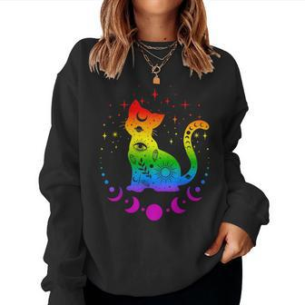 Rainbow Cat Gay Pride Flag Colors Astronomy Cat Women Crewneck Graphic Sweatshirt - Seseable