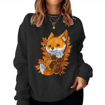 Red Forest Fox Baby Animal Autumn Fall Leaves Women Sweatshirt | Mazezy