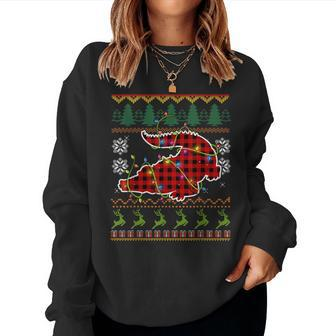 Red Plaid Alligator Santa Ugly Christmas Sweater Pajamas Women Sweatshirt | Mazezy
