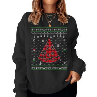 Red Plaid Pizza Lover Ugly Christmas Sweater Women Sweatshirt - Seseable