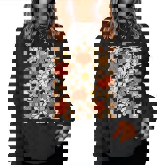 Retro Fall Halloween Checkered Floral Pumpkin Spooky Season Halloween Women Sweatshirt | Mazezy