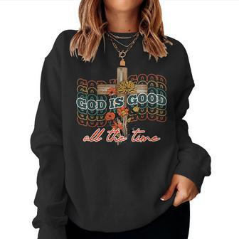 Retro God Is Good All Time Cross Flower Boho Faith Christian Faith Women Sweatshirt | Mazezy