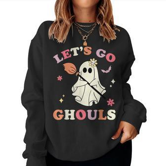 Retro Groovy Let's Go Ghouls Cute Halloween Ghost 70S Hippie Women Sweatshirt - Seseable