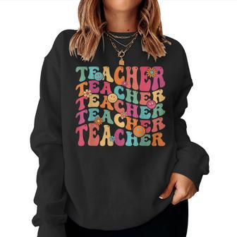 Retro Groovy Teacher Inspirational Happy Back To School Women Crewneck Graphic Sweatshirt - Thegiftio UK