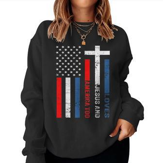 Retro Loves Jesus & America Too Christ 4Th Of July Usa Flag Usa Women Sweatshirt | Mazezy