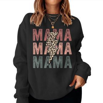 Retro Mama Distressed Lightning Bolt Leopard Mom Sweatshirt | Mazezy