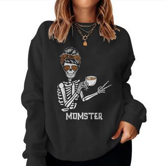 Retro Messy Bun Skeleton Drinking Coffee Momster Mama Mom Women Sweatshirt - Seseable