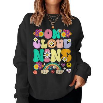 Retro On Cloud Nine Flower Happy 9Th Birthday 9 Years Old Women Crewneck Graphic Sweatshirt - Thegiftio UK