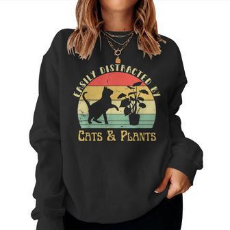 Retro Pet Cat Plant Lover Easily Distracted By Plants & Cats Women Crewneck Graphic Sweatshirt - Monsterry CA