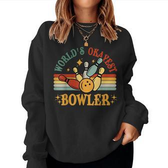 Retro Worlds Okayest Bowler Funny Men Women Mom Kids Bowling Women Crewneck Graphic Sweatshirt - Seseable