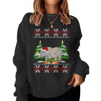 Rhino Christmas Tree Lights Rhino Ugly Sweater Santa Xmas Women Sweatshirt - Seseable