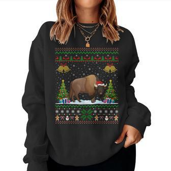 Santa Bison Animal Xmas Lighting Ugly Bison Christmas Women Sweatshirt | Mazezy