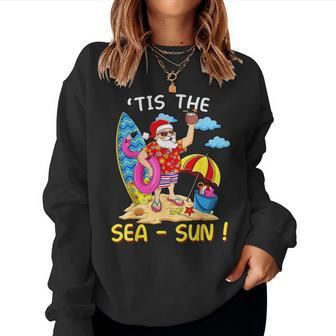 Santa Surf Flamingo Float Tis The Sea Sun Christmas In July Women Crewneck Graphic Sweatshirt - Monsterry DE