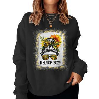 Senior 2024 Bleached Sunflower Messy Bun Class Of 2024 Women Crewneck Graphic Sweatshirt - Thegiftio UK