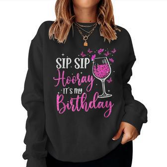 Sip Sip Hooray It's My Birthday Pink Leopard Wine Glass Women Sweatshirt | Mazezy