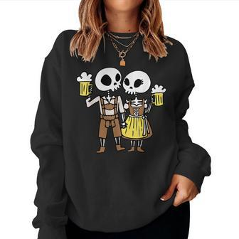 Skeleton Couple Cheering Beer Oktoberfest Halloween Women Sweatshirt | Mazezy