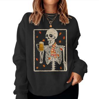 Skeleton Drinking Beer Retro Halloween Costume Beer Drink Women Sweatshirt - Seseable