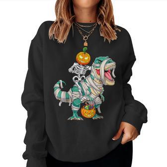 Skeleton Riding Mummy Dinosaur T Rex Halloween Pumpkin Women Sweatshirt - Monsterry DE