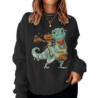 Skeleton Riding Mummy Dinosaur T Rex Halloween Pumpkin Women Sweatshirt | Mazezy