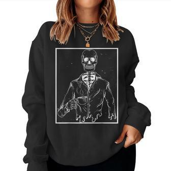 Skeleton Vintage Picture With Smiling Skull Drinking Coffee Women Sweatshirt | Mazezy