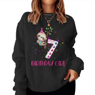 Sloth Lovers Birthday Girl Party Theme Matching Age 7 Women Crewneck Graphic Sweatshirt - Thegiftio UK