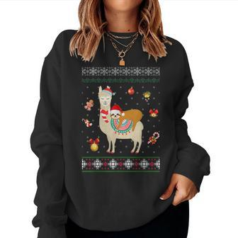 Sloth Riding Llama Christmas Scarf Santa Hat Ugly Sweater Women Sweatshirt | Mazezy