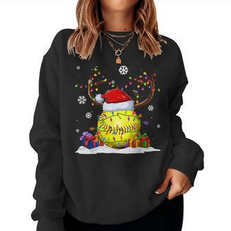 Softball Lovers Reindeer Santa Hat Ugly Christmas Sweater Women Sweatshirt | Mazezy