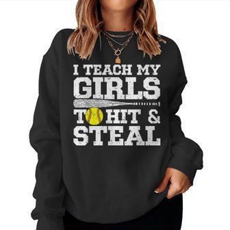 Softball Mom Funny I Teach My Girls To Hit And Steal Women Crewneck Graphic Sweatshirt - Seseable