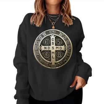 St Benedict Medal Saint Benedict Cross Catholic Christian Women Sweatshirt | Mazezy