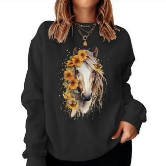 Sunflower Horse Portrait Cowgirl Equestrian Horseback Riding Women Sweatshirt | Mazezy